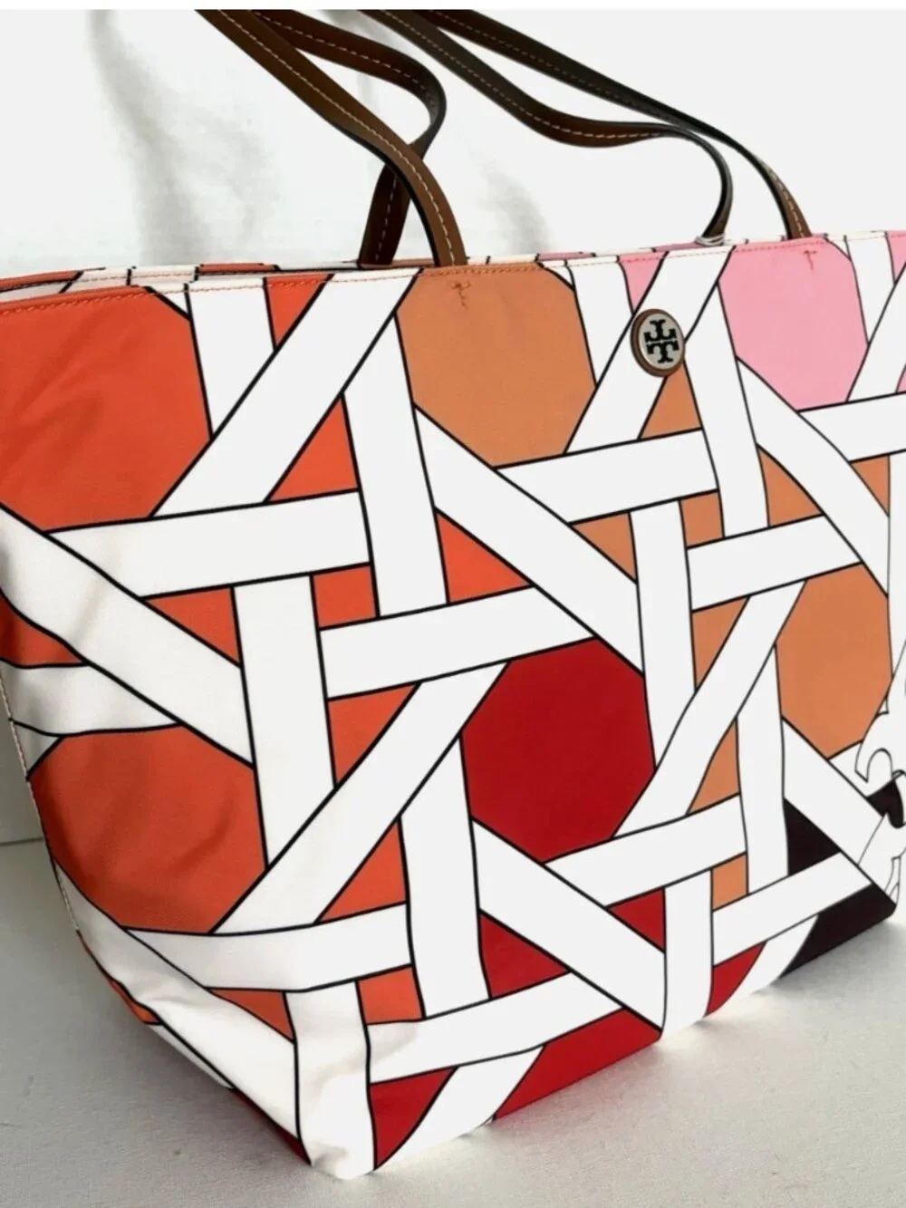 New Tory Burch Nylon Printed Tote Colorblock Pink-Red Basketweave